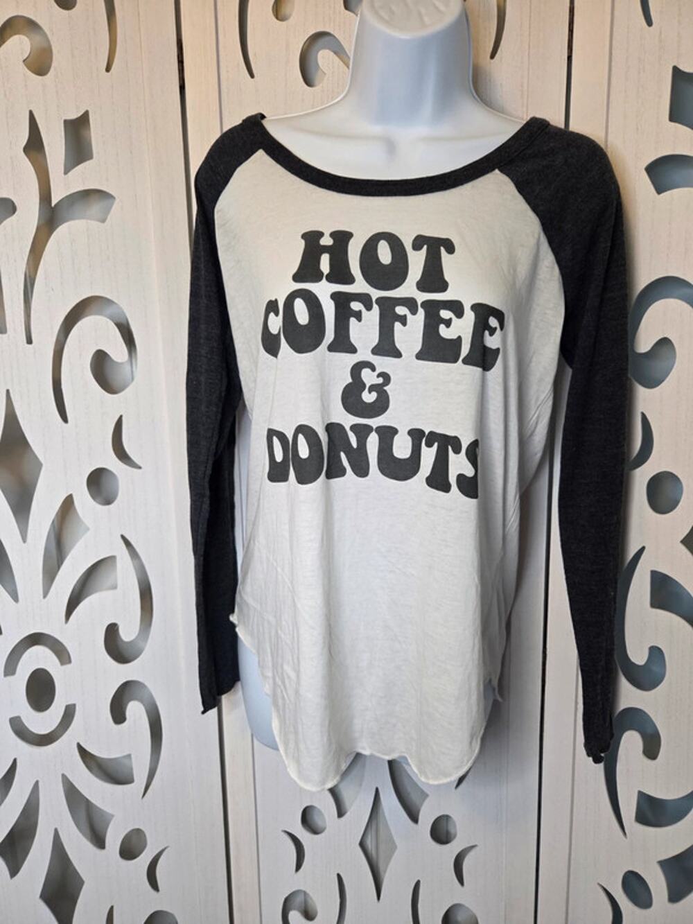 Hot Coffee and Donuts Shirt Womens Medium Raglan Long Sleeve Graphic Tee Casual
